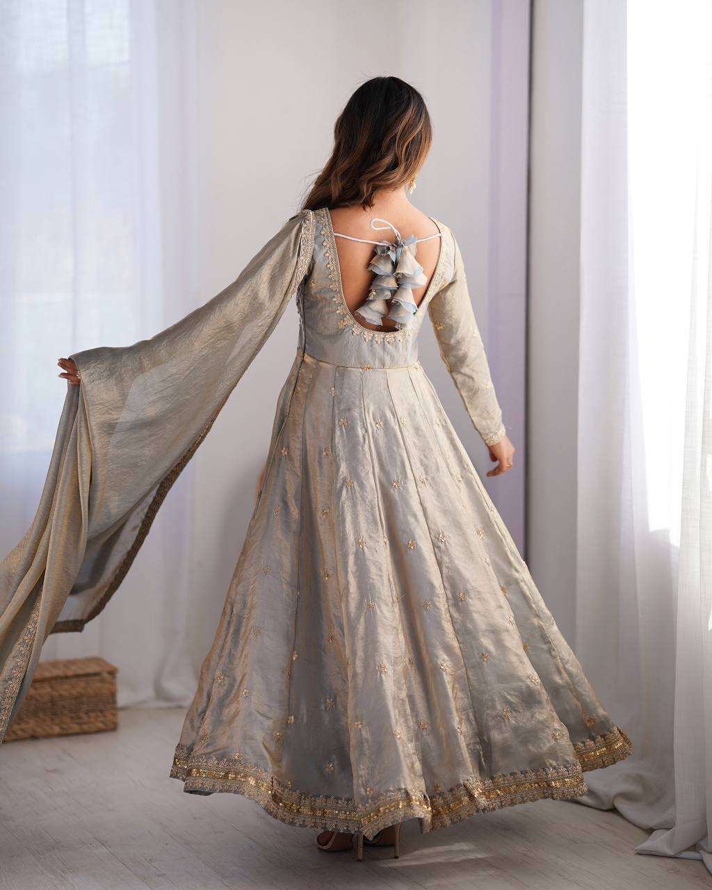 Women's Fandy Silk Coding with Sequnce work Long Anarkali Kurti Gown With Dupatta - Image 3