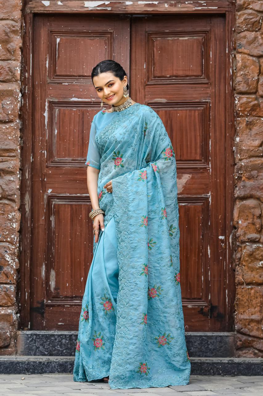 Women's Elegant Sage Green Georgette Saree with Delicate Floral Embroidery & Sequin Work – Perfect for Summer Festivities & Day Events