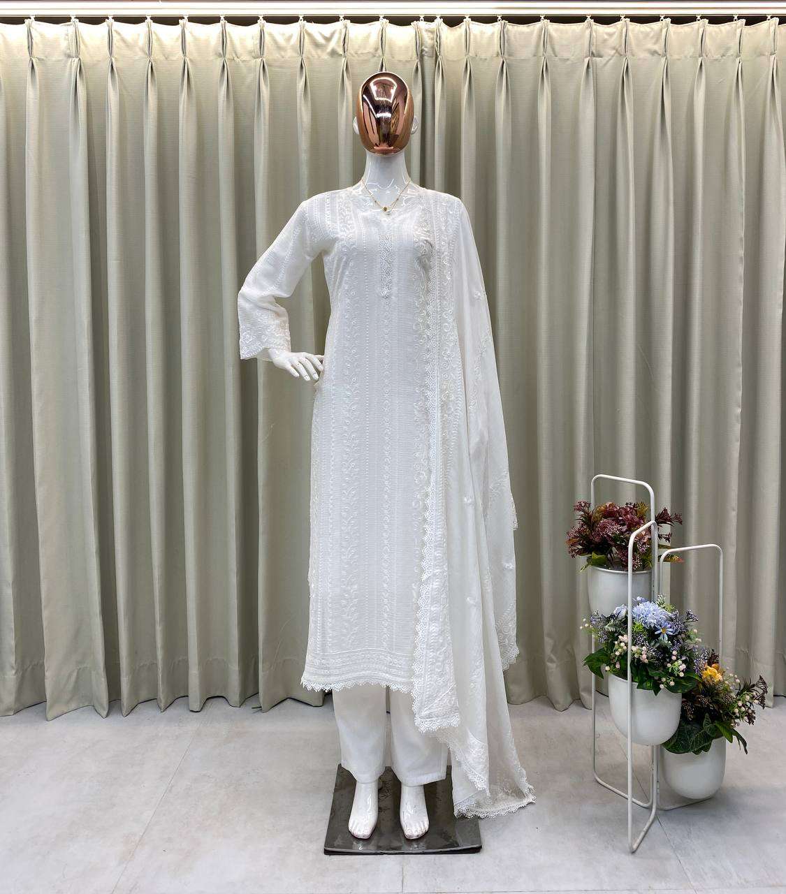 Women's Chinon Silk with Cotton Thread Embroidery Straight Kurti With Pant and Dupatta set - Image 23